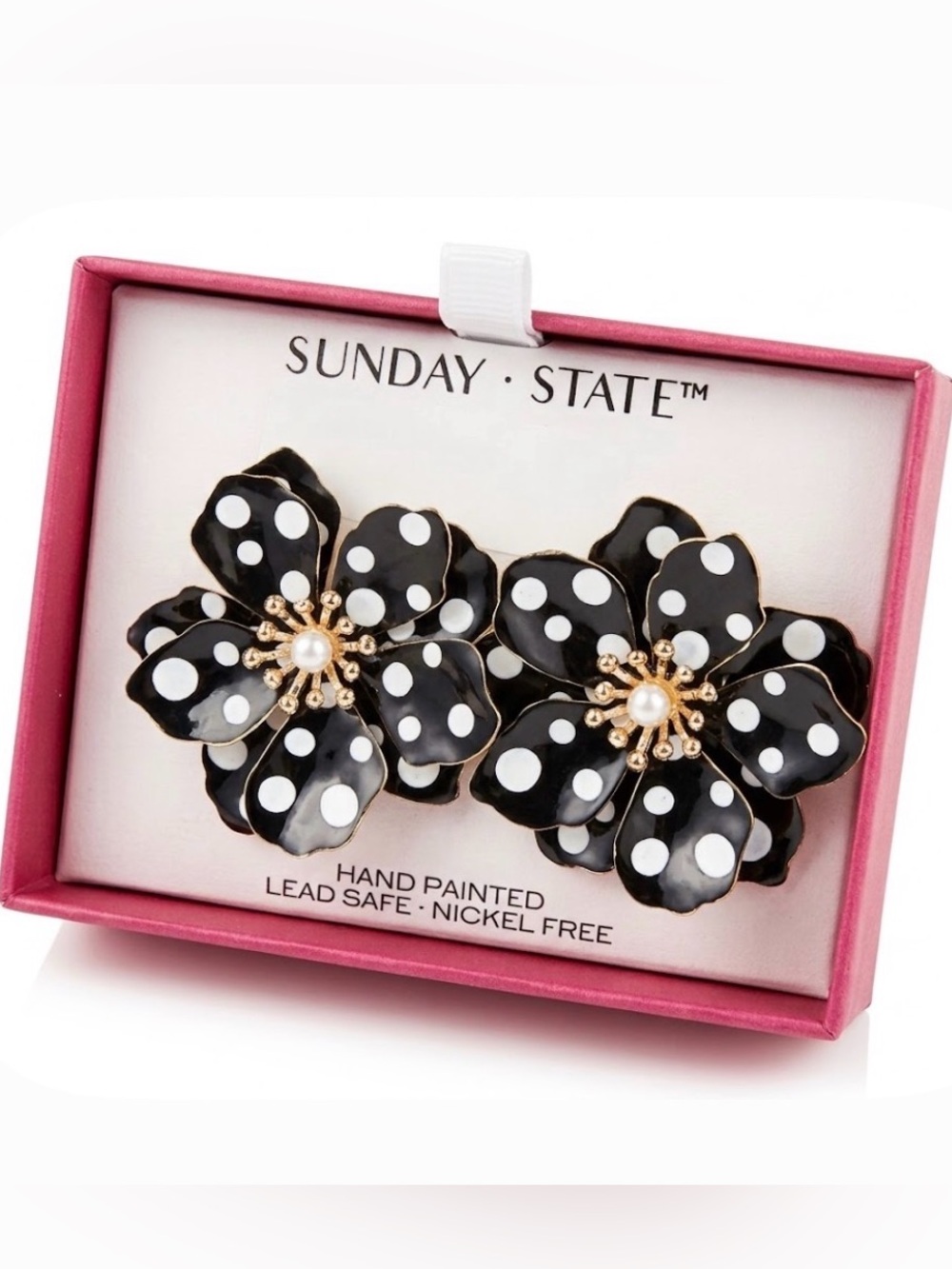NWT ⚜️🖤⚜️ Sunday State Hand Painted Black White Polka Dot Flower Earrings